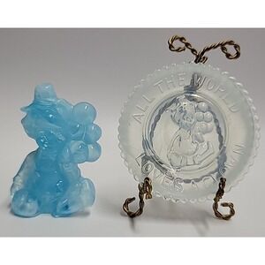Vintage Mosser Glass Pee Wee‎ Clown G Blue w. Matching All the World Plate